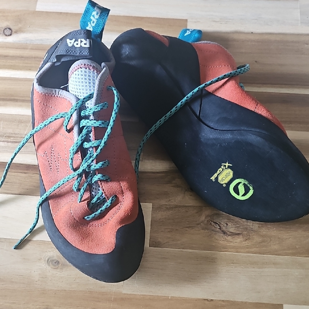 Scarpa Orange Climbing Shoes with Teal Accents